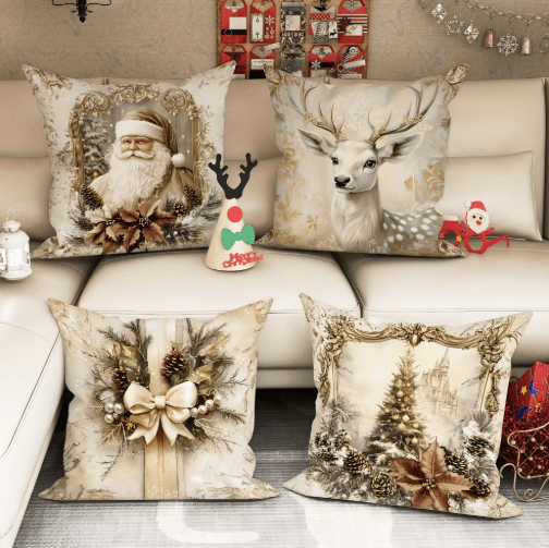 Festive Christmas Pillow Cover with Santa Claus & Reindeer Design