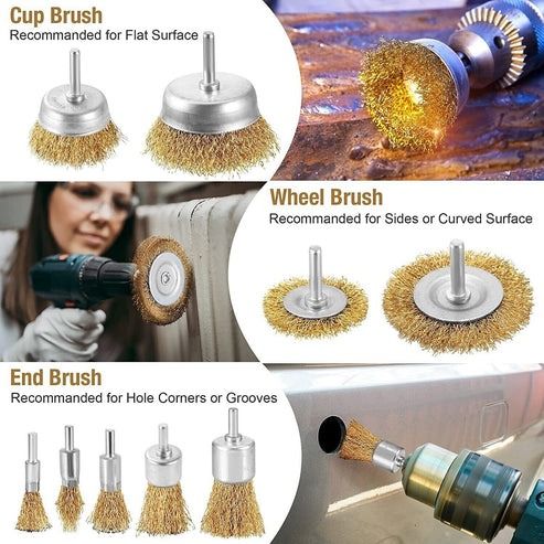Rust Removal Wire Brush Set, Cup and Wheel Brushes Shank, Carbon Steel Paint Stripping Drill Bits