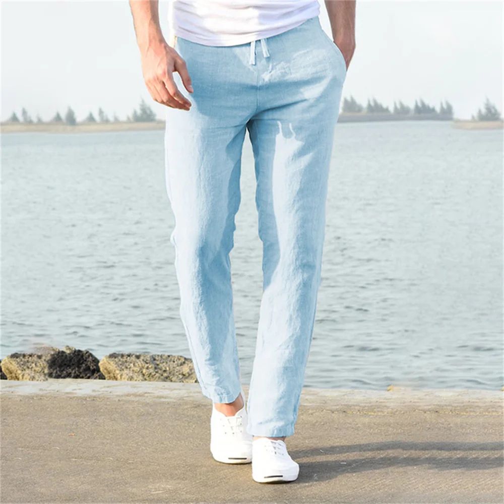 Men's Cotton Linen Breathable Straight-Leg Pants – Casual Elastic Waist Ankle-Length Streetwear Trousers