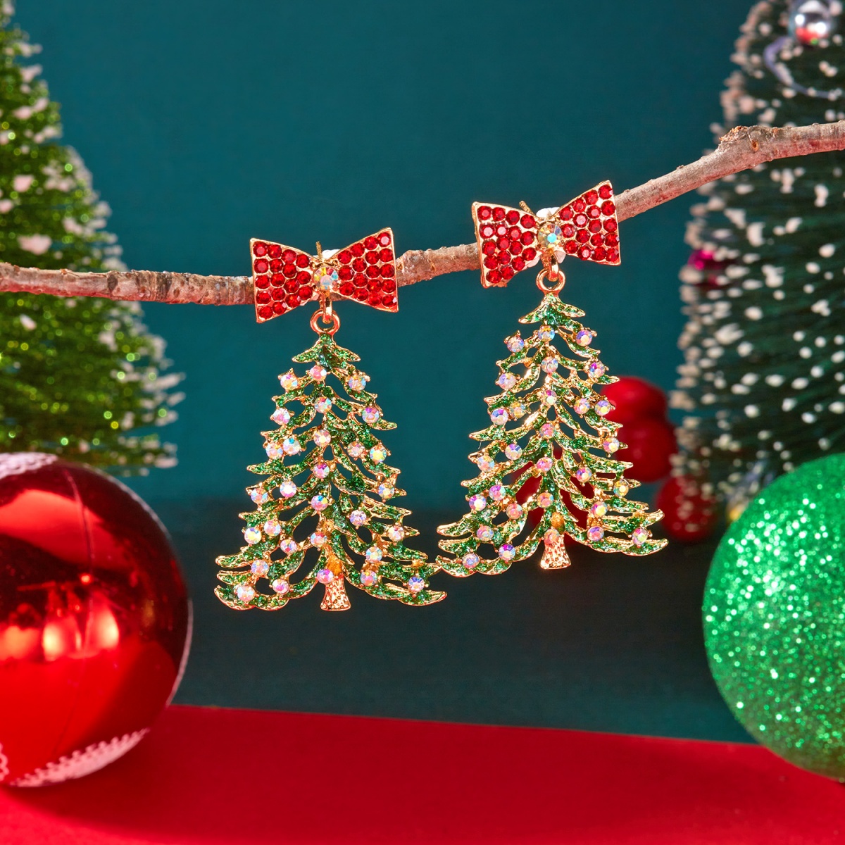Exquisite Bow Tree Dangle, Christmas Colorful Rhinestone, Bowknot Tree Drop Earrings, Earring Jewelry Party Gift