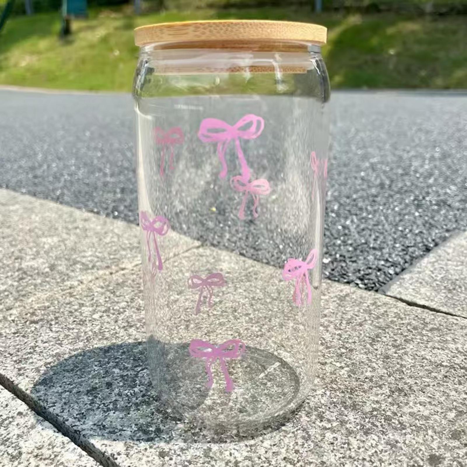Cute Aesthetic Bow Shape Glass Cup with Lid, Straw Drinkware Iced Coffee Tumbler Matcha Tea Bottle Girls Gift