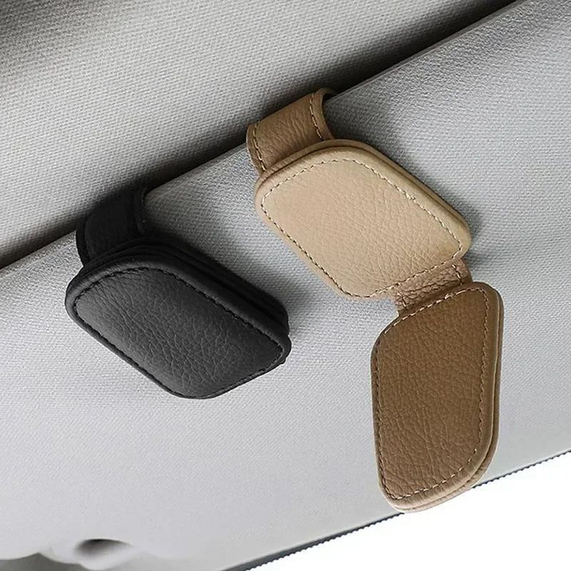Car Sunshade Sunglasses Holder Clip, Magnetic Leather Glasses & Ticket Organizer, Auto Sun Visor Accessory
