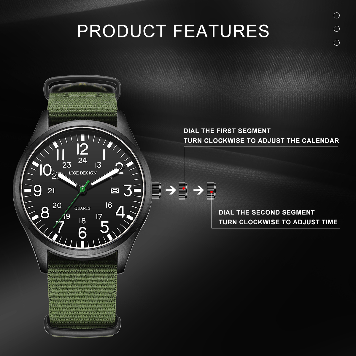 Luxury Men Quartz Watch Waterproof, Luminous Military Sports Watch with Date, Nylon & Leather Band