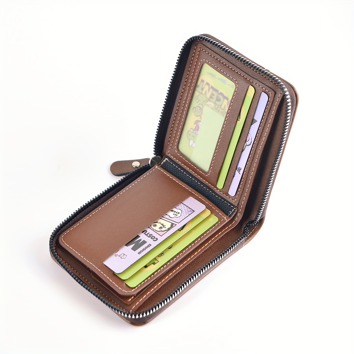 PU Wax Oil Skin Men's Wallet Slim, Durable Card Holder with Zipper Coin Purse