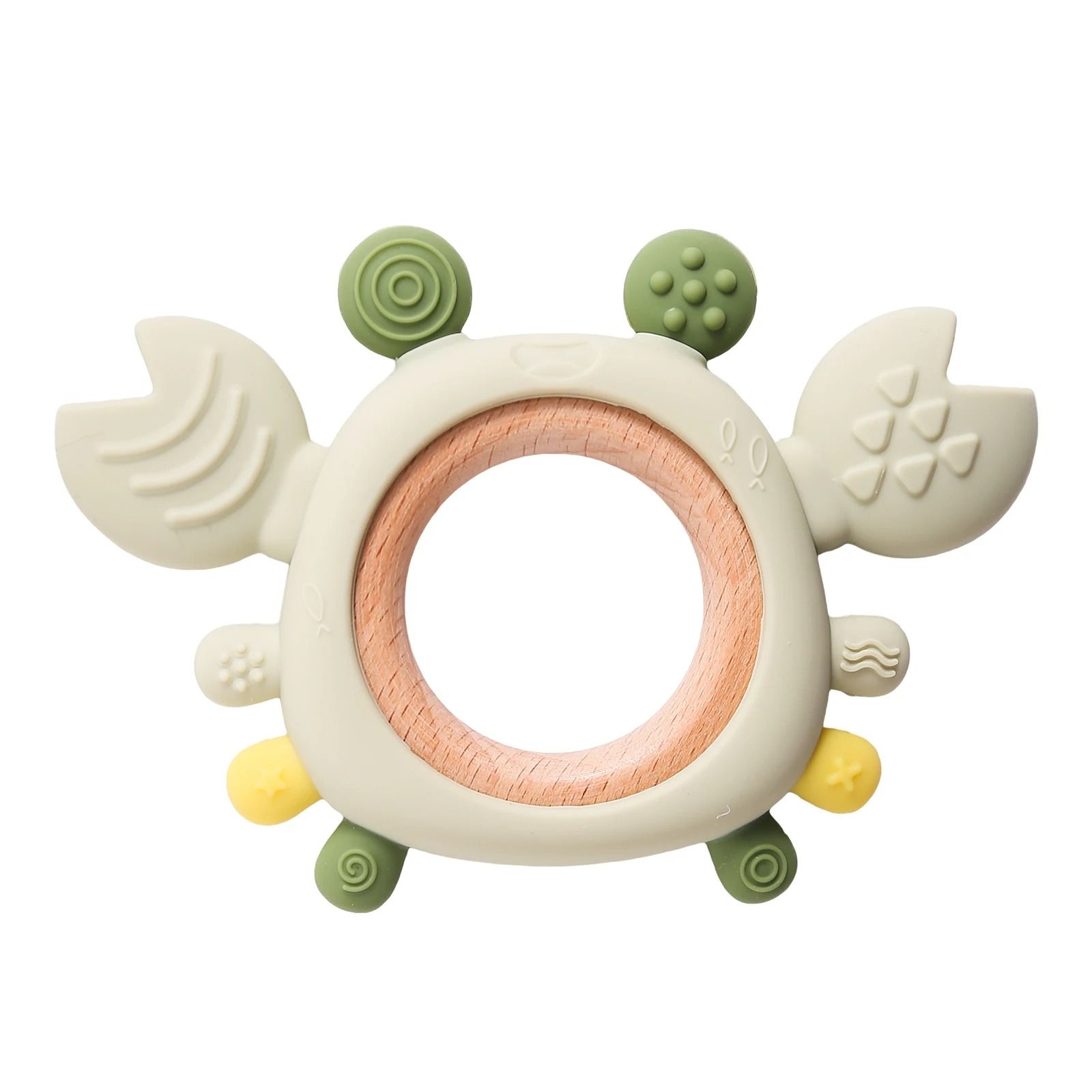 Silicone Crab Baby Teether with Natural Wooden Ring – BPA-Free Molar Toy