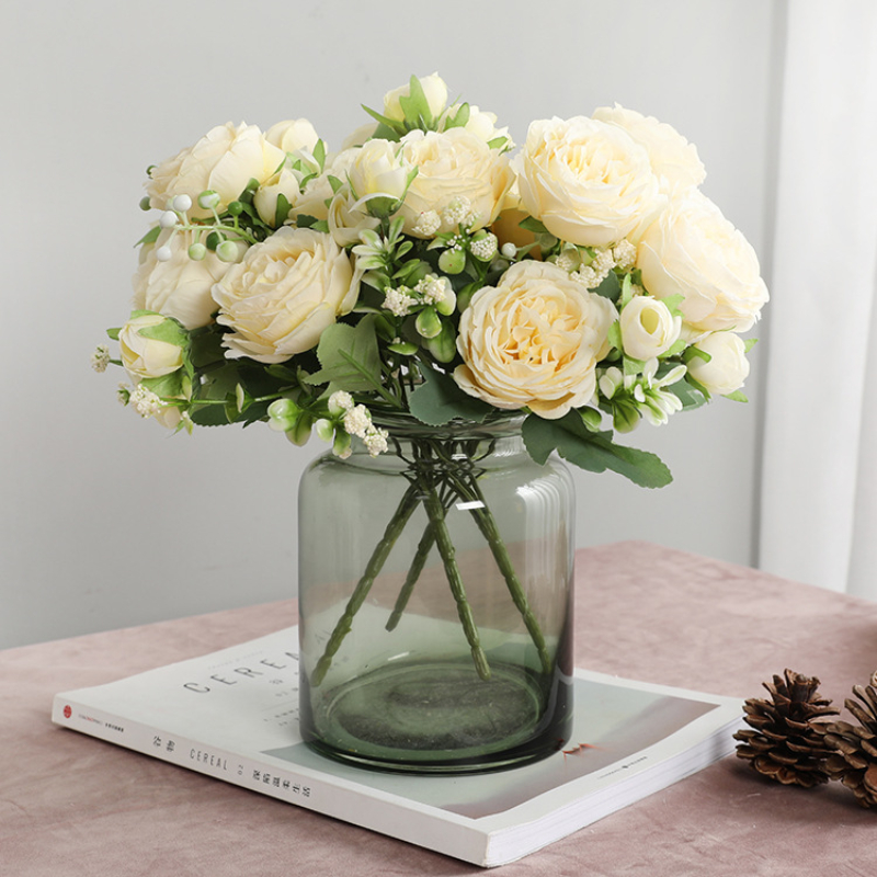 Rose Pink Silk Bouquet Peony Artificial Flower, Big Heads, Small Buds, Bride Wedding Home Decoration