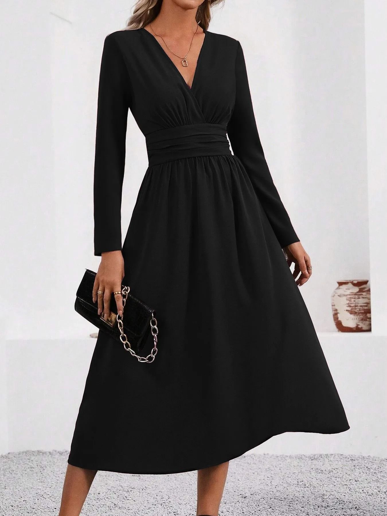 Elegant Overlap V-Neck Knit Bodycon Maxi Dress