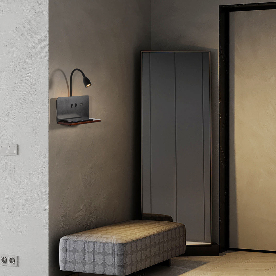 Modern LED Wall Lamp, with Wireless Charging, USB Interface, 360 Rotatable, Bedside Night Light with Switch
