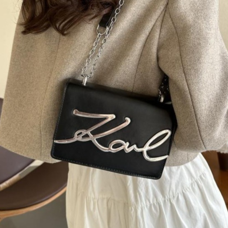 Fashionable Crossbody Bag with Solid Color Metal Letter Logo and ChainLink Strap Magnetic Button Closure