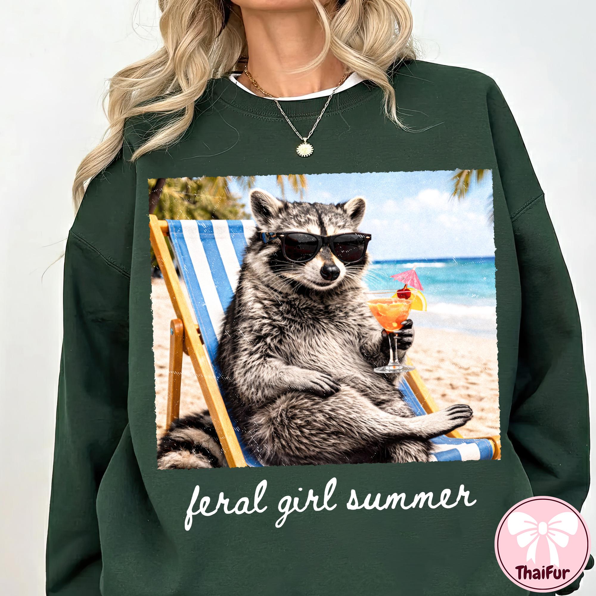 Feral Girl Summer Shirt Funny Raccoon Beach Graphic Tee Summer Vibes Gift