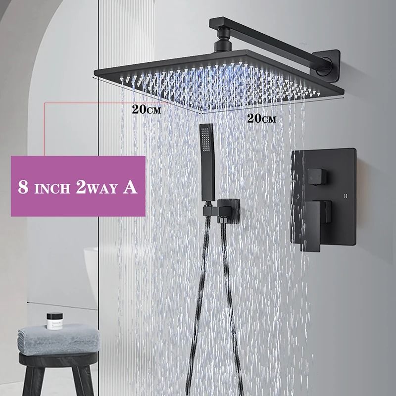Matte Black rainfall shower set Wall Mounted bathroom shower faucet with LED Shower Head Mixer Tap