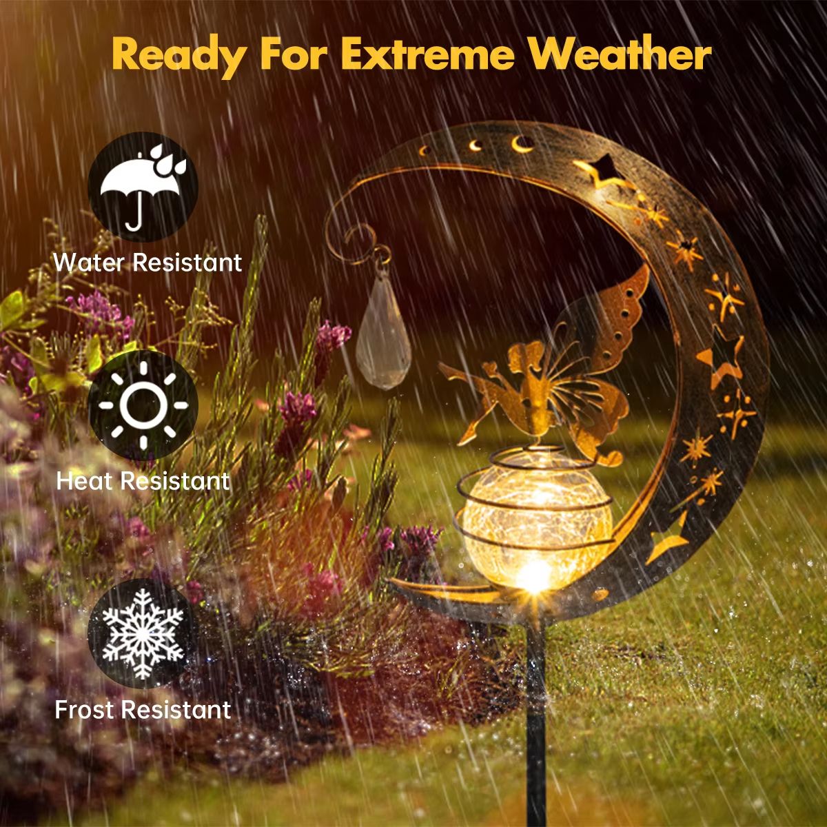 Whimsical Moon Fairy Solar Garden Stake Light | Crackle Glass Globe