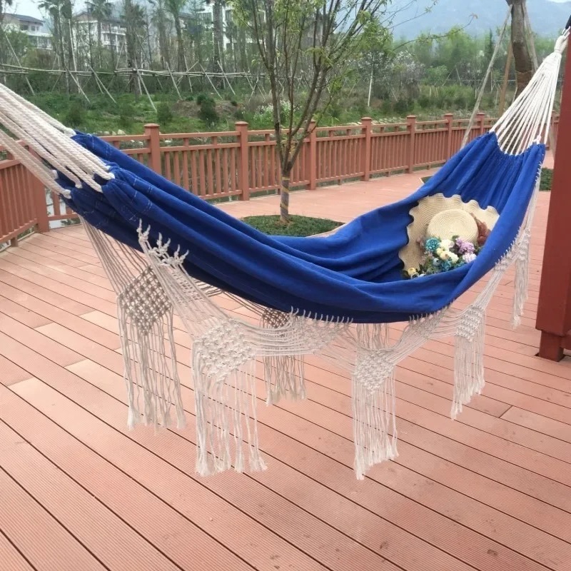 Boho Double Hammock with Macrame Tassels for Beach Camping and Backyard Relaxation