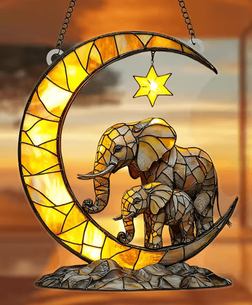 Elephant Family Moon Hanging Decor – Whimsical Elephant Wall Hanging for Home & Garden
