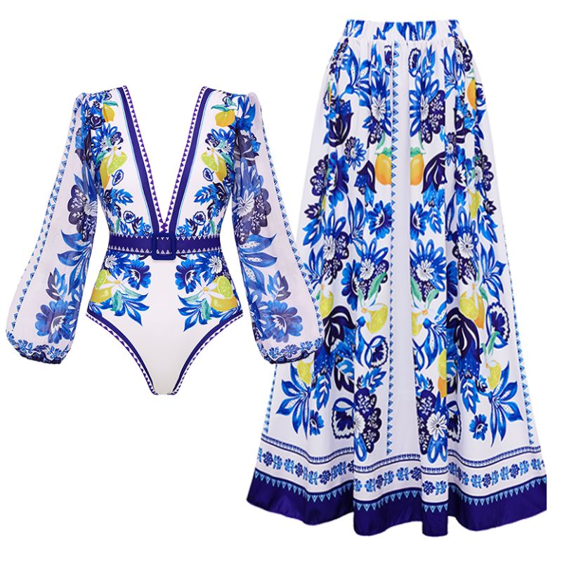 Long Sleeve Beach Wear Printed One Piece Swimsuit Set Bodysuit Wholesale