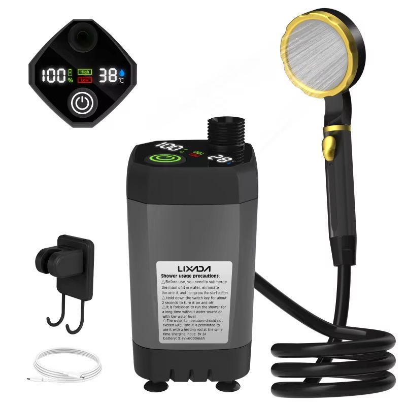Camping Shower Pump RV Outdoor Shower Kit Camp Shower w/Full Screen Intelligent Digital Display Adjustable 6000mAh Showe
