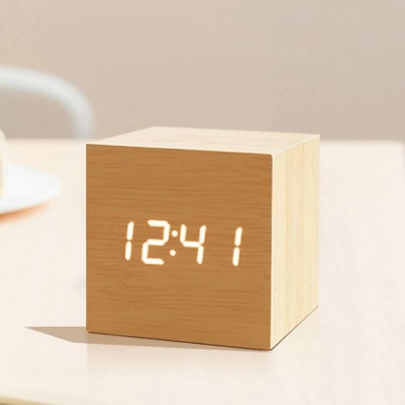 Wooden Cube Voice Control Alarm Clock