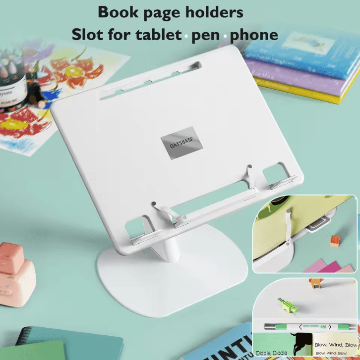Eary Book and Laptop Holder Stand with Stable Base and Elastic Page Clips