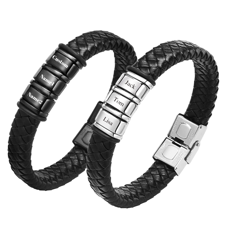 Engraved Personalized Leather Braid Bracelets Men Family Gifts