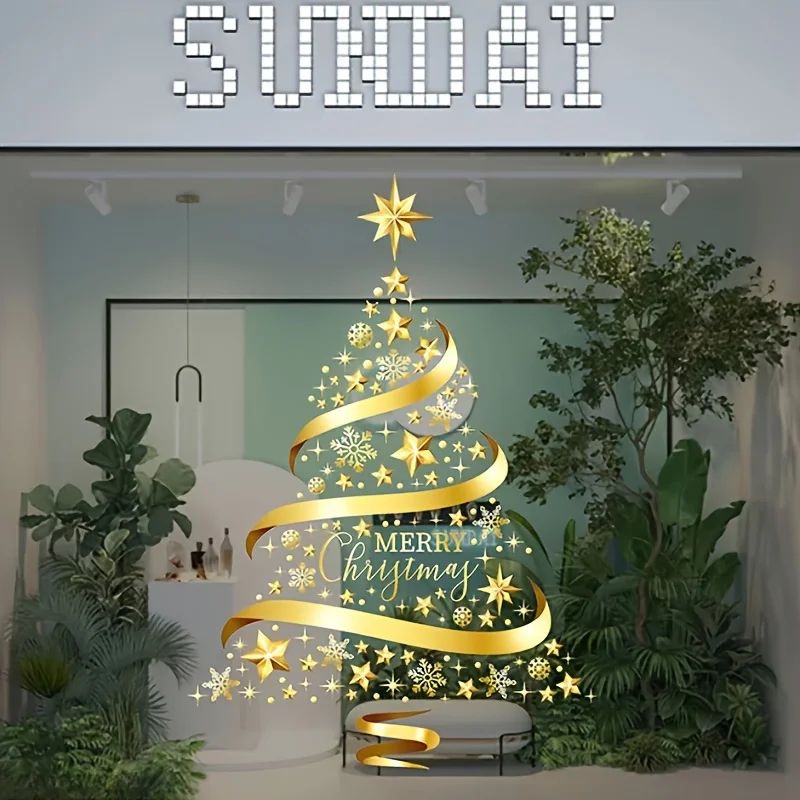 Golden Christmas Garland Window Stickers – Festive Snowflake Glass Decals for Holiday Decor