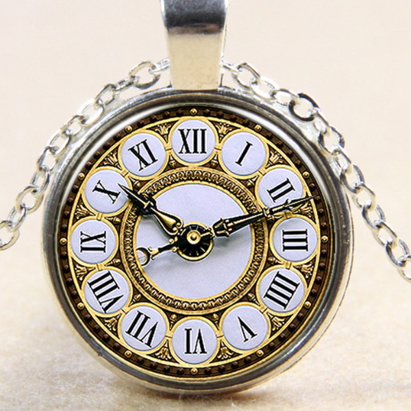 Retro Clock Pendant Necklace Vintage Glass Timepiece Jewelry for Men and Women