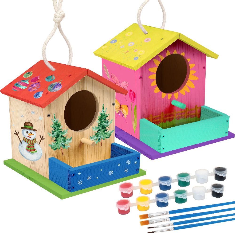 DIY Wooden Bird House Kits for Kids & Adults, Creative Arts and Crafts Set with Unfinished Wood Birdhouses, Paint Strips