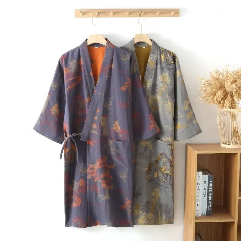 Men's Cotton Kimono Pajamas – Jacquard Printed Roomwear & Oversized Breathable Spring Bathrobe
