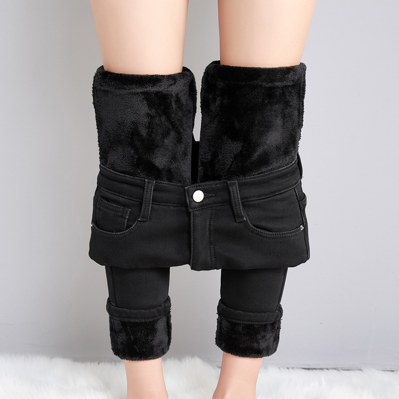 Women Thermal Jeans, Warm Fleece Lined Winter Denim Pants, Stretch Skinny Retro Blue Thicken Pencil Trousers