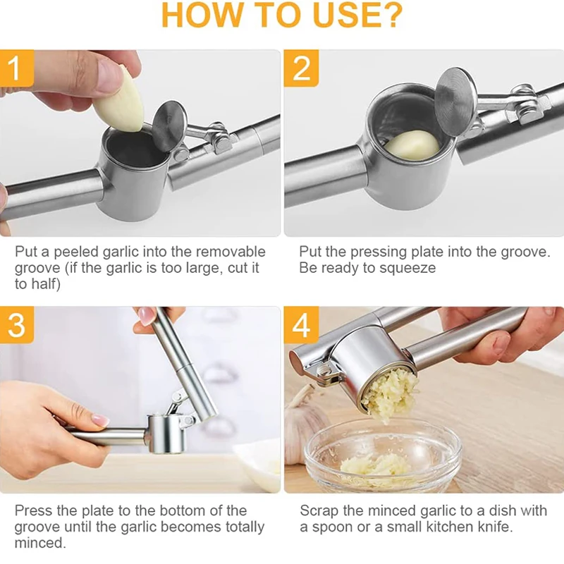 Garlic Press Mincer, Stainless Steel Garlic Crusher, Rust-Proof and Detachable Kitchen Gadget