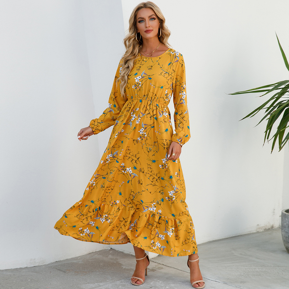 Women Maxi Dresses Bohemian Casual, Full Sleeve High Waist Beach Woman Chiffon Floral Long Dress