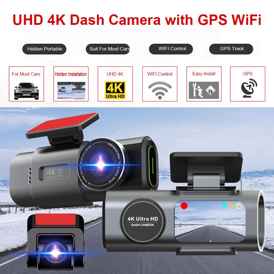 E-ACE 4K Dual Lens Dash Cam with GPS & Wi-Fi – Front & 1080P Rear Car Camera with 24H Parking Monitor