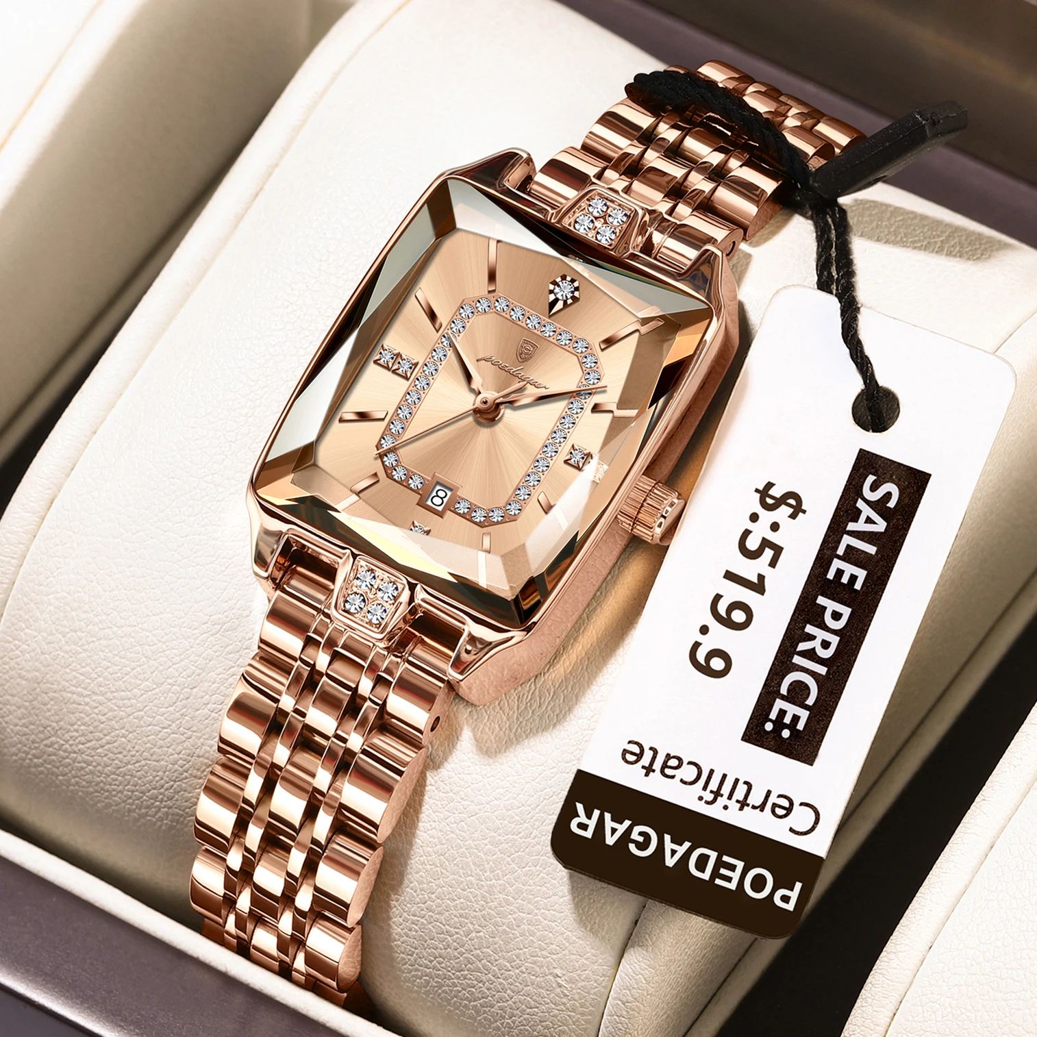 POEDAGAR Luxury Waterproof Rectangle Women's Quartz Watch with Calendar