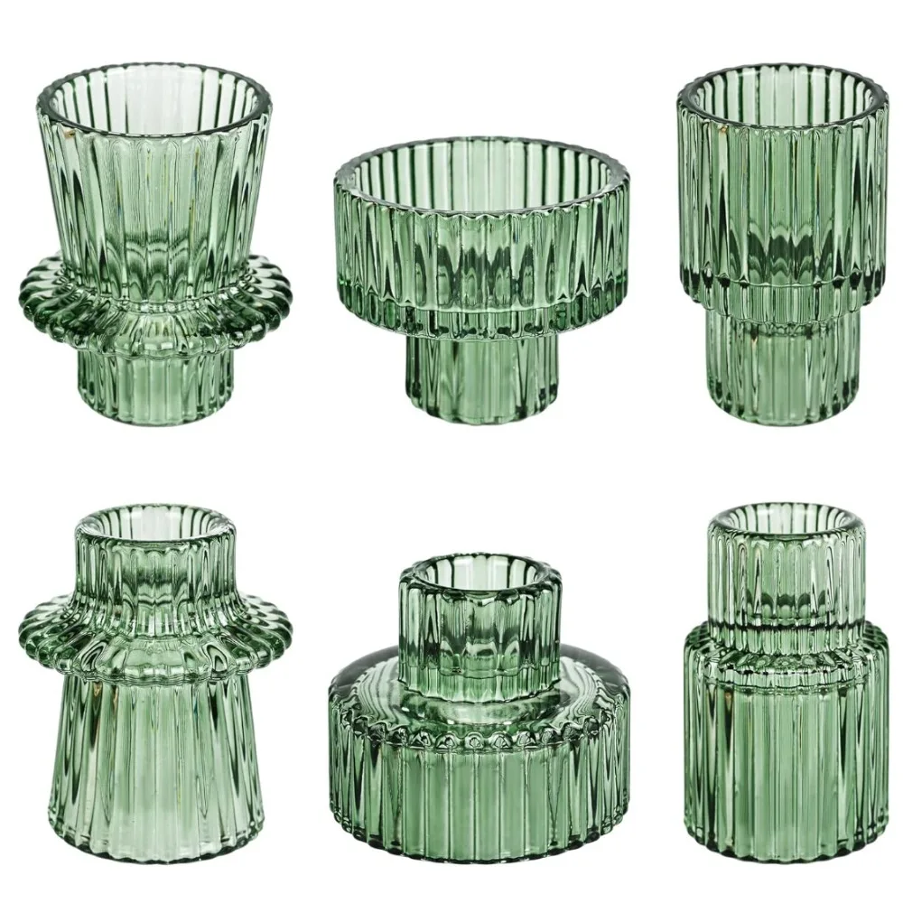 Short Small Glass Taper Candle Holder Set Ribbed Votive Candlestick Holder for Wedding Decor Table Centerpiece Dinner