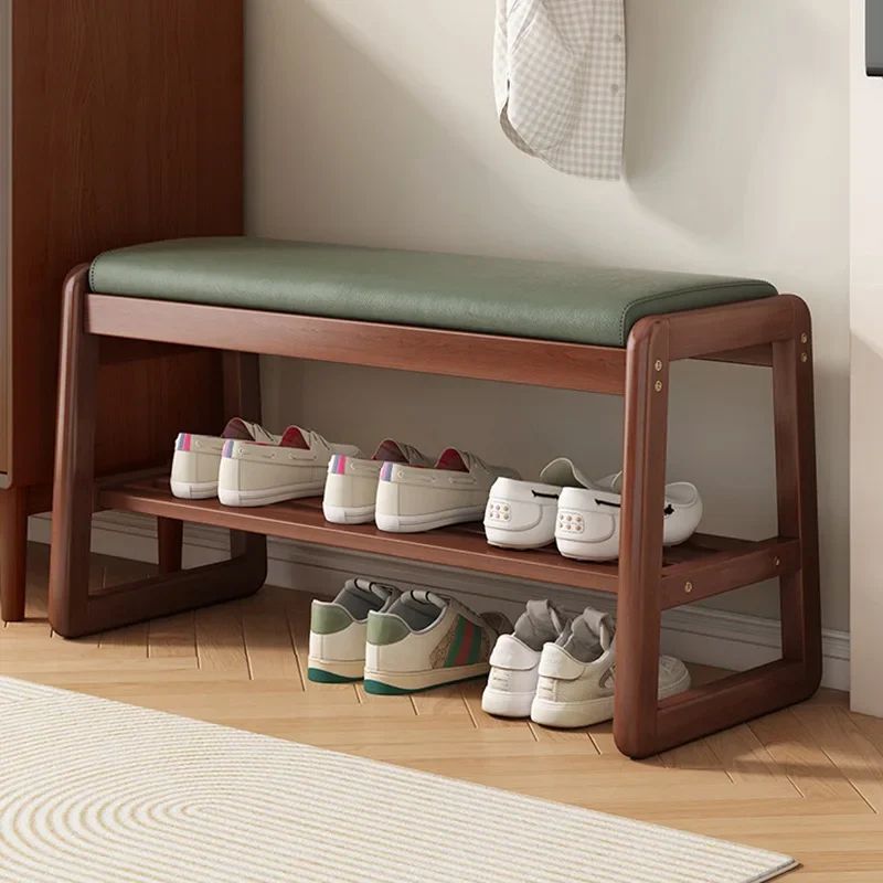 Rattan Woven Shoe Bench with Solid Wood Frame – Entryway Multi-Layer Storage Stool