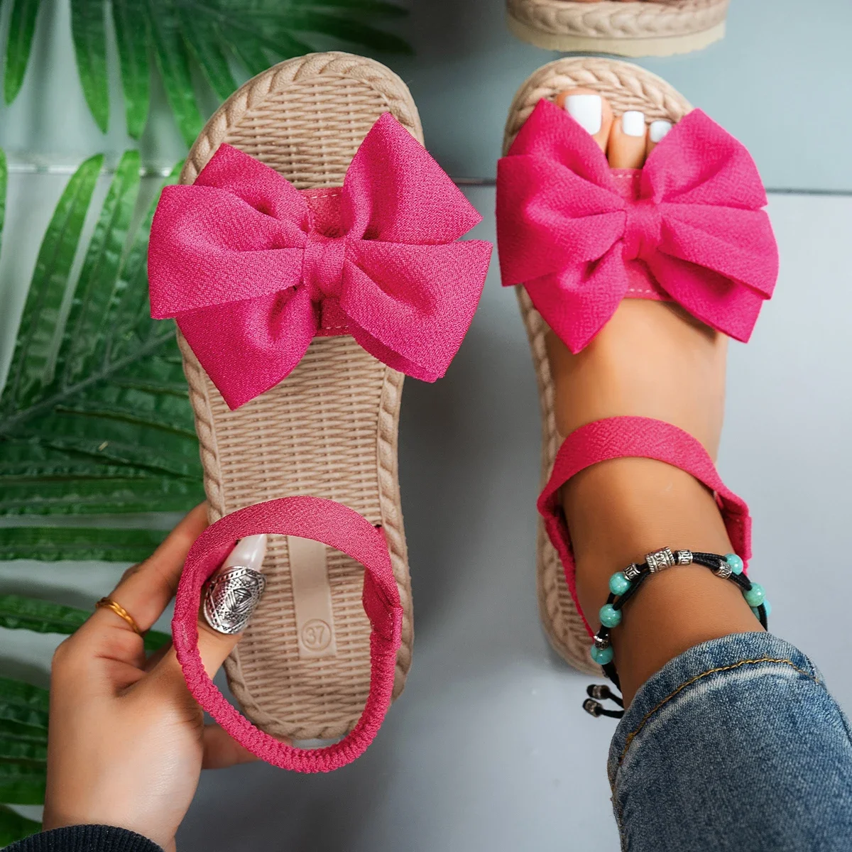 Women Anti-slip Trend Sandals, Lightweight Summer Fashion Sandals, Beach Casual Slippers, Outdoor Bow Tie Flat Shoes