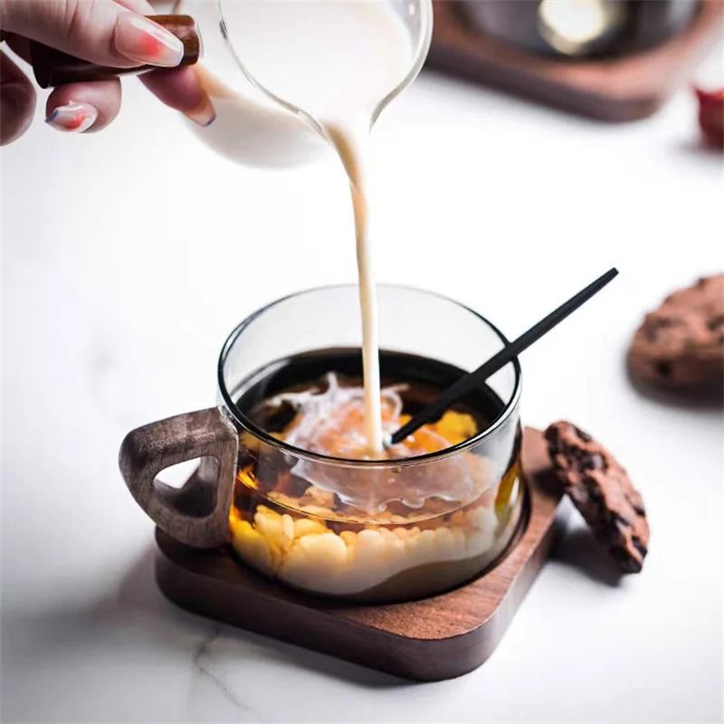 Glass American Latte Coffee Cup with Wooden Tray