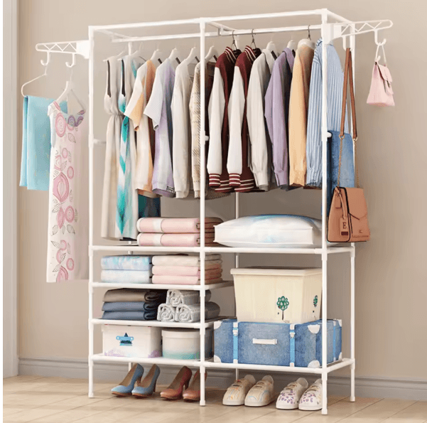 Freestanding Metal Garment Rack with Shelves and Shoe Organizer Storage for Bedroom Closet
