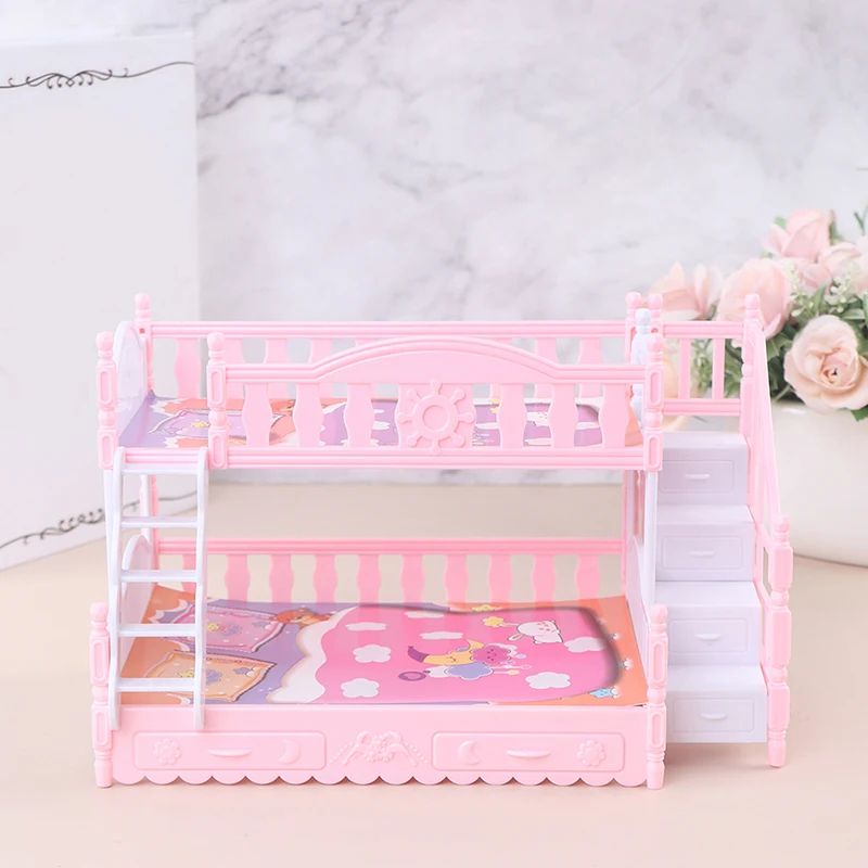 European Style dollhouse bunk bed with Ladder – Mini Double Bed miniature doll furniture for Dollhouse Bedroom Play