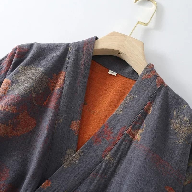 Men's Cotton Kimono Pajamas – Jacquard Printed Roomwear & Oversized Breathable Spring Bathrobe