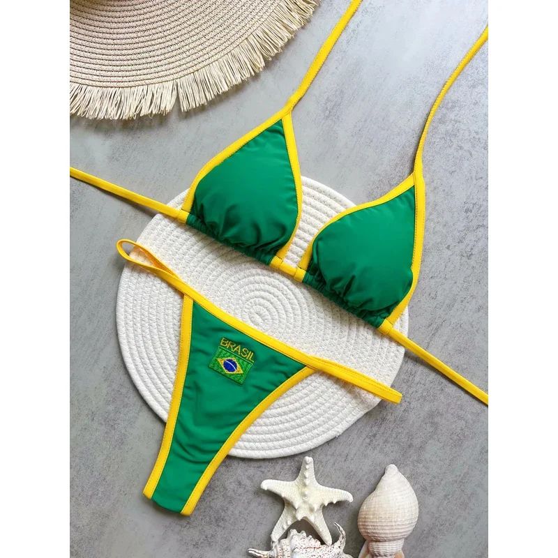 Embroidered Brazil Flag Bikini Set – Contrast Patchwork Low Waist Beach Swimsuit