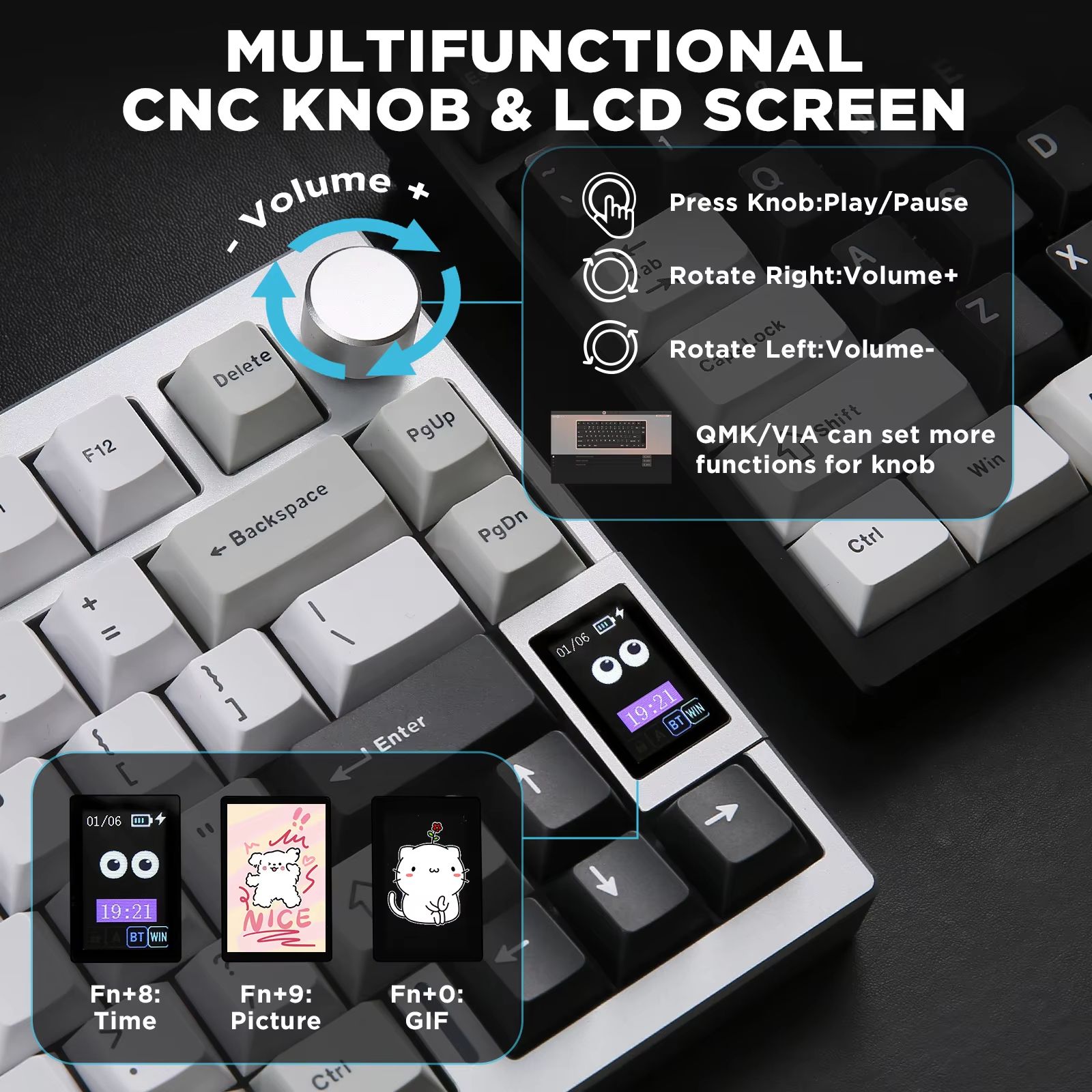 YUNZII AL80 Silver Wireless Mechanical Keyboard – Full Aluminum Custom Hot-Swap Keyboard with LCD Display, QMK/VIA Compa