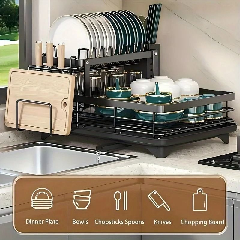 Double-Tier Extendable Dish Drainer – High-Capacity Utensil Rack & Kitchen Draining System