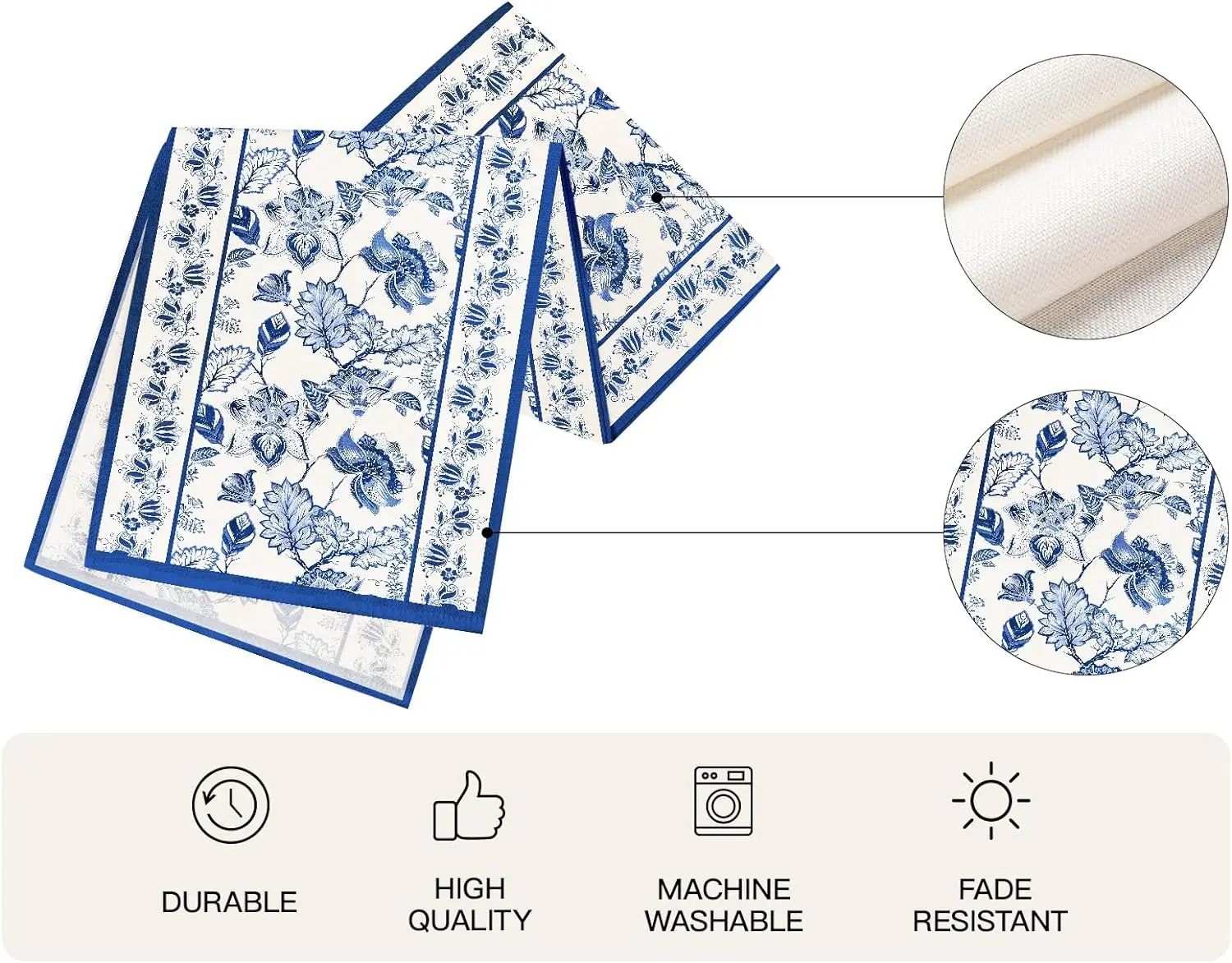 Blue Floral Linen Table Runner – Elegant Farmhouse Table Decor for Summer Dining & Celebrations