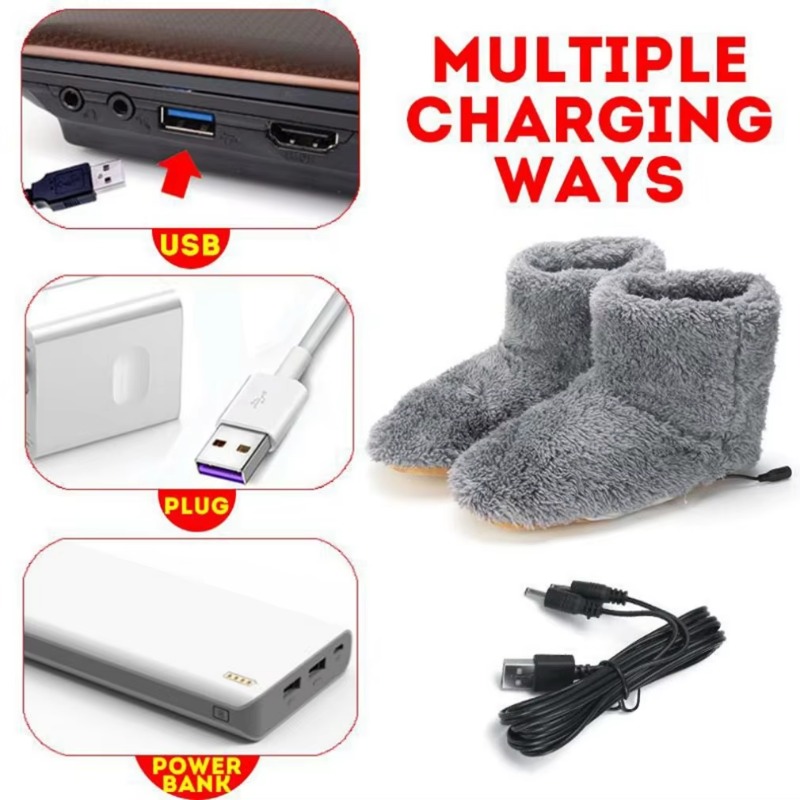 USB Heater Shoes, Winter Warm Plush Heating Rechargeable Slippers, Electric Snow Boots Foot Warmer