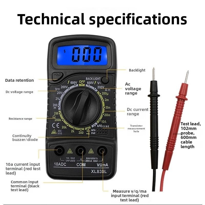 Digital Multimeter AC DC Voltmeter & Voltage Tester with Ohmmeter Ammeter 9V Powered