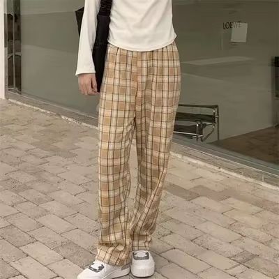 Women's Plush Wide Leg Plaid Pants Warm Cashmere Style Loose Winter Trousers
