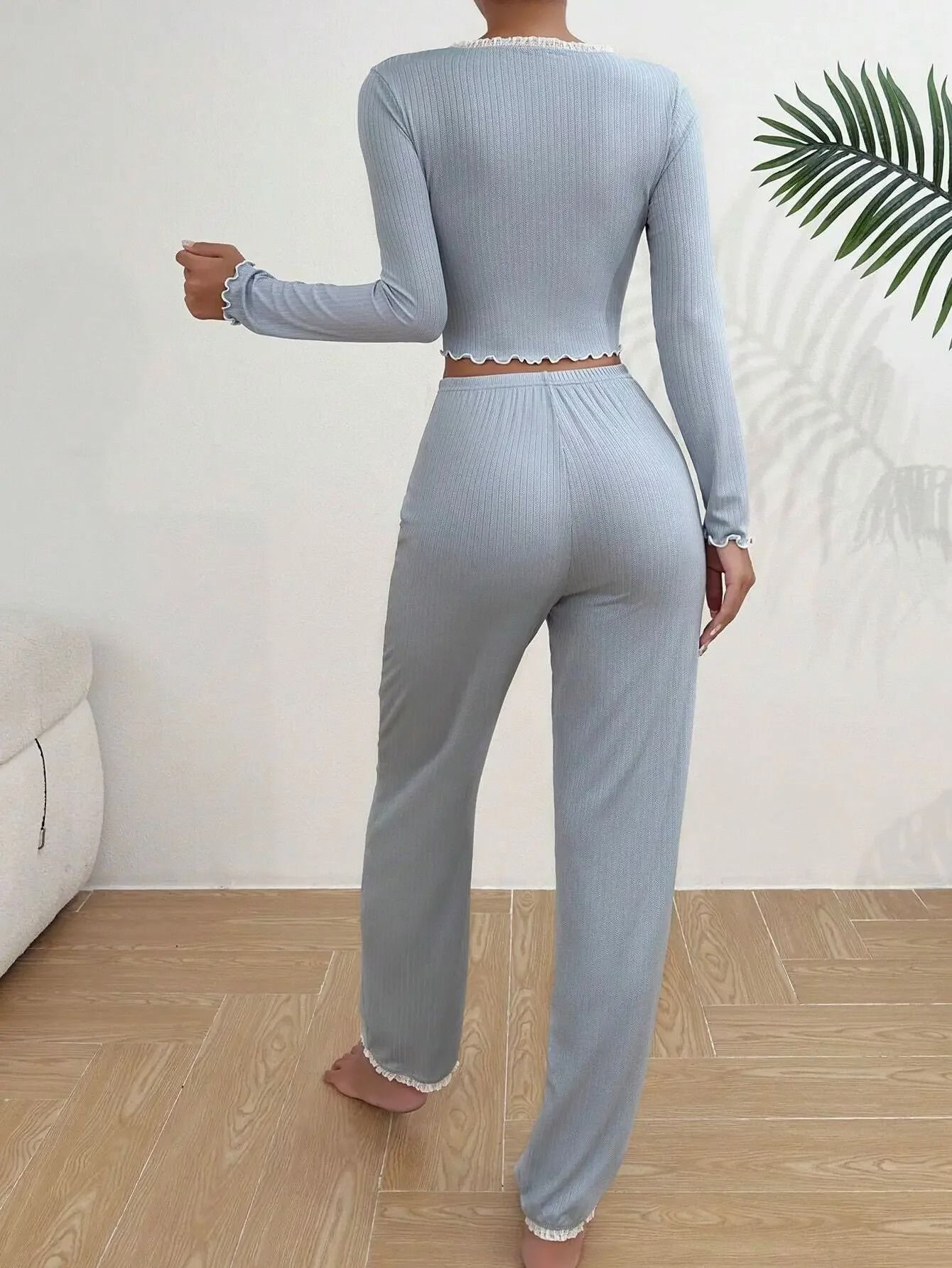 Women Autumn Winter Pajamas Set Lace Trim Long Sleeve Shirt and Pants Sleepwear