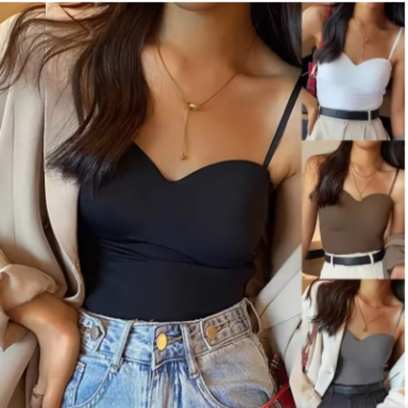 New Solid Color Women's White Top, Sleeveless Camisole Tank Top, Thin Straps with Cups, Summer Ice Silk Sling for Comfor
