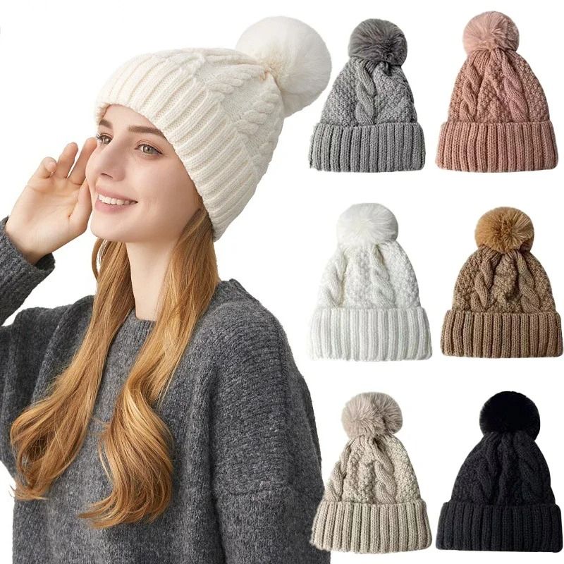 Winter Knit Beanie Hat with Fur Pompom Warm Velvet Lined Cap