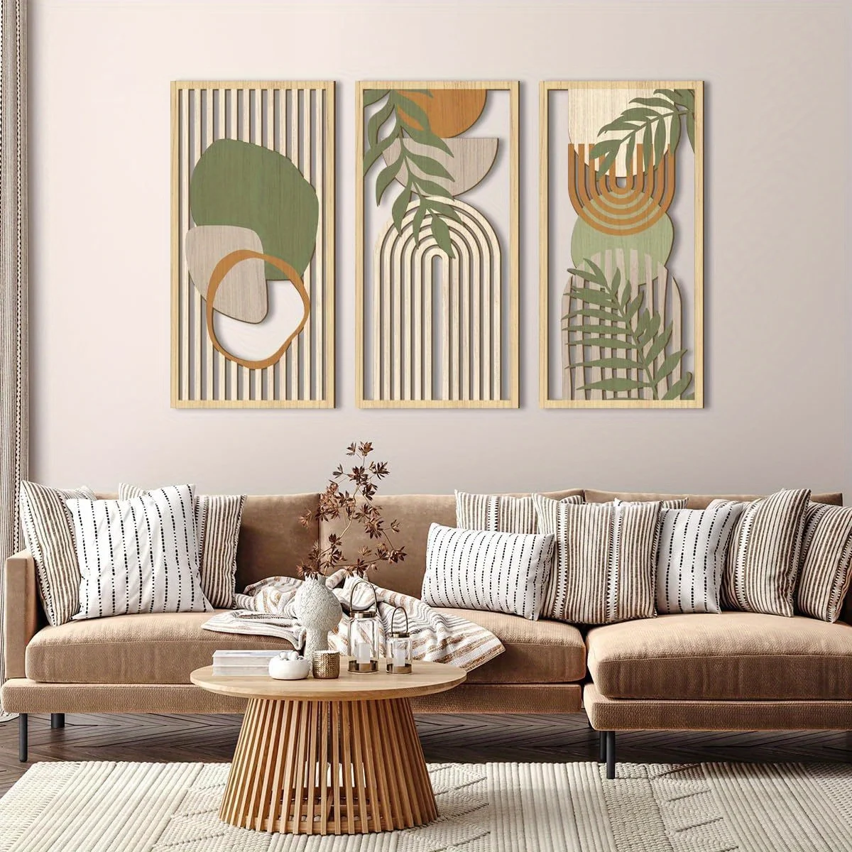 Sage Green Geometric Wooden Wall Art, Abstract Modern Decor, Neutral Wood Sculptures for Home